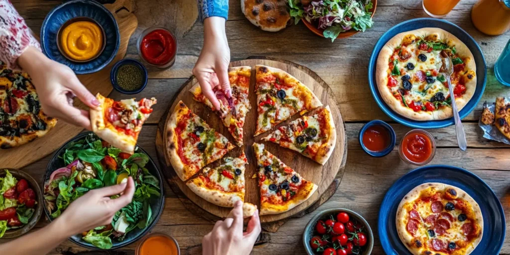 Mini halal pizzas served at a party with dips and salad