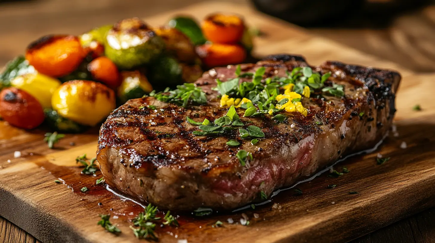 Perfectly seared 10 oz steak with herbs and vegetables