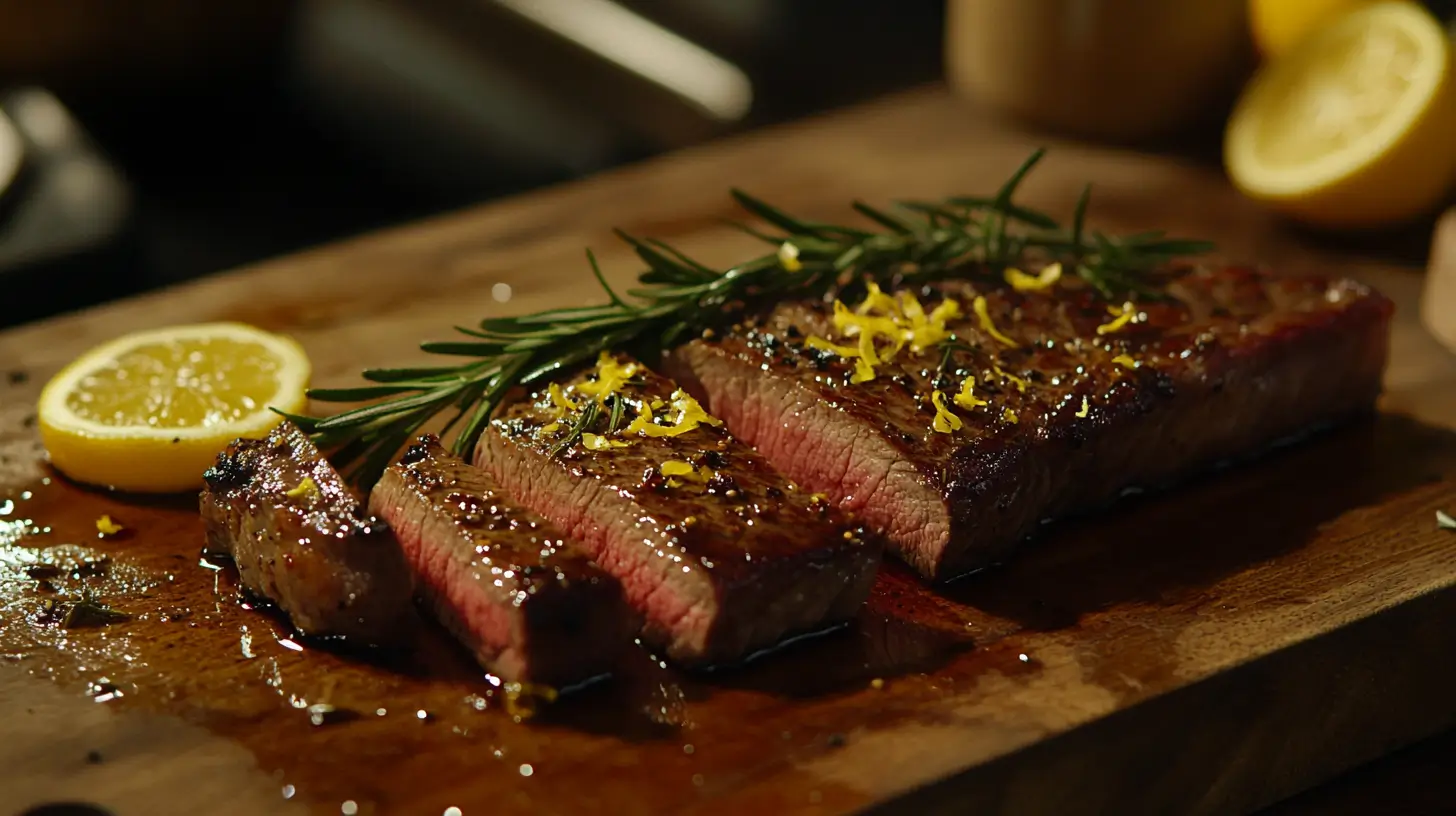 Sliced striploin steak with rosemary and lemon zest