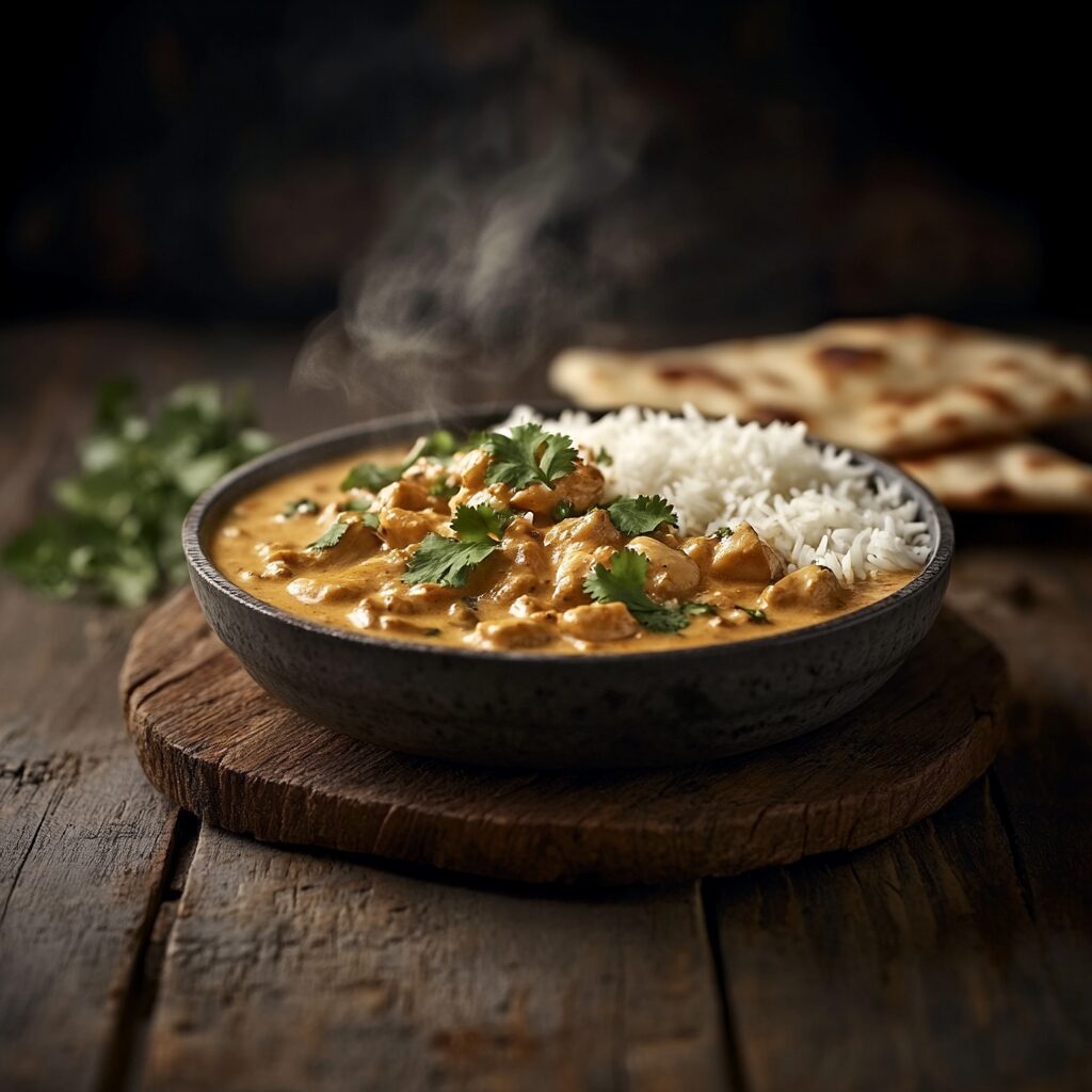 A steaming bowl of chicken curry garnished with fresh cilantro, served with white rice on a rustic wooden table.