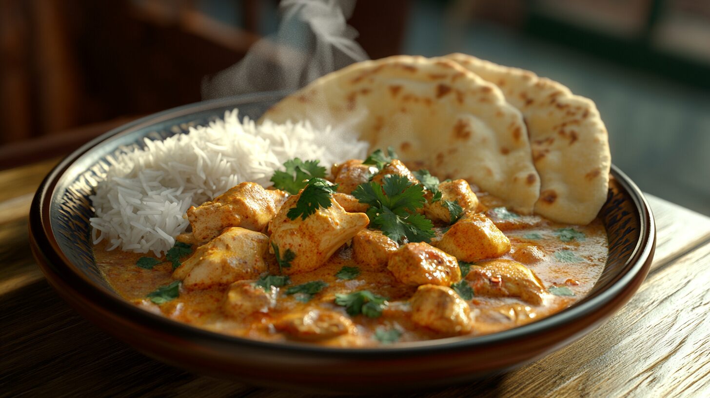 Close-up of chicken curry with basmati rice and naan bread, garnished with cilantro, served on a wooden table.