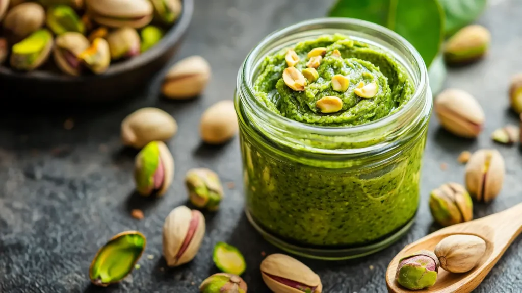Jar of creamy green pistachio butter with pistachios