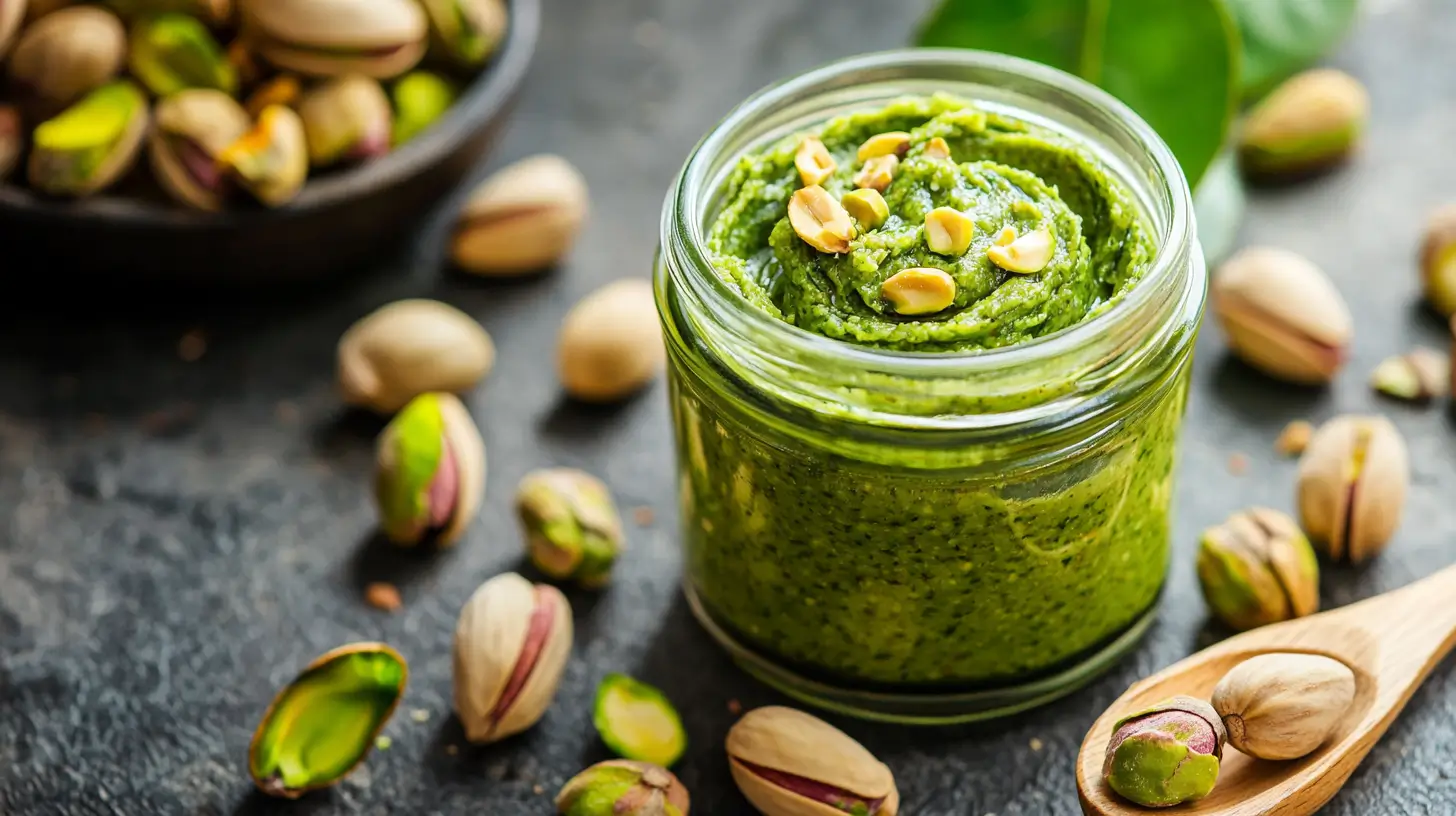 Jar of creamy green pistachio butter with pistachios