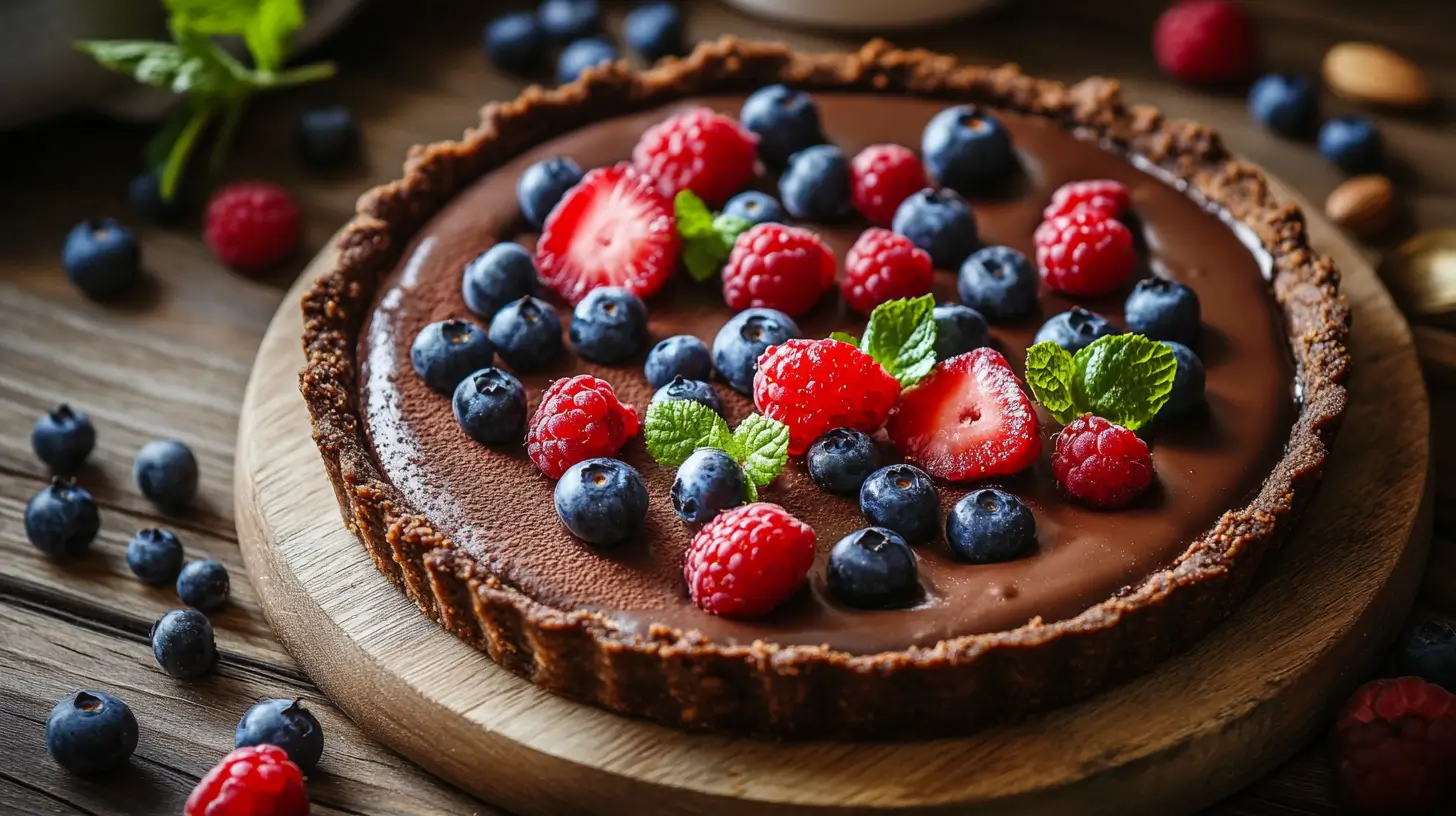 Gluten-free chocolate pier with berries and cocoa dusting