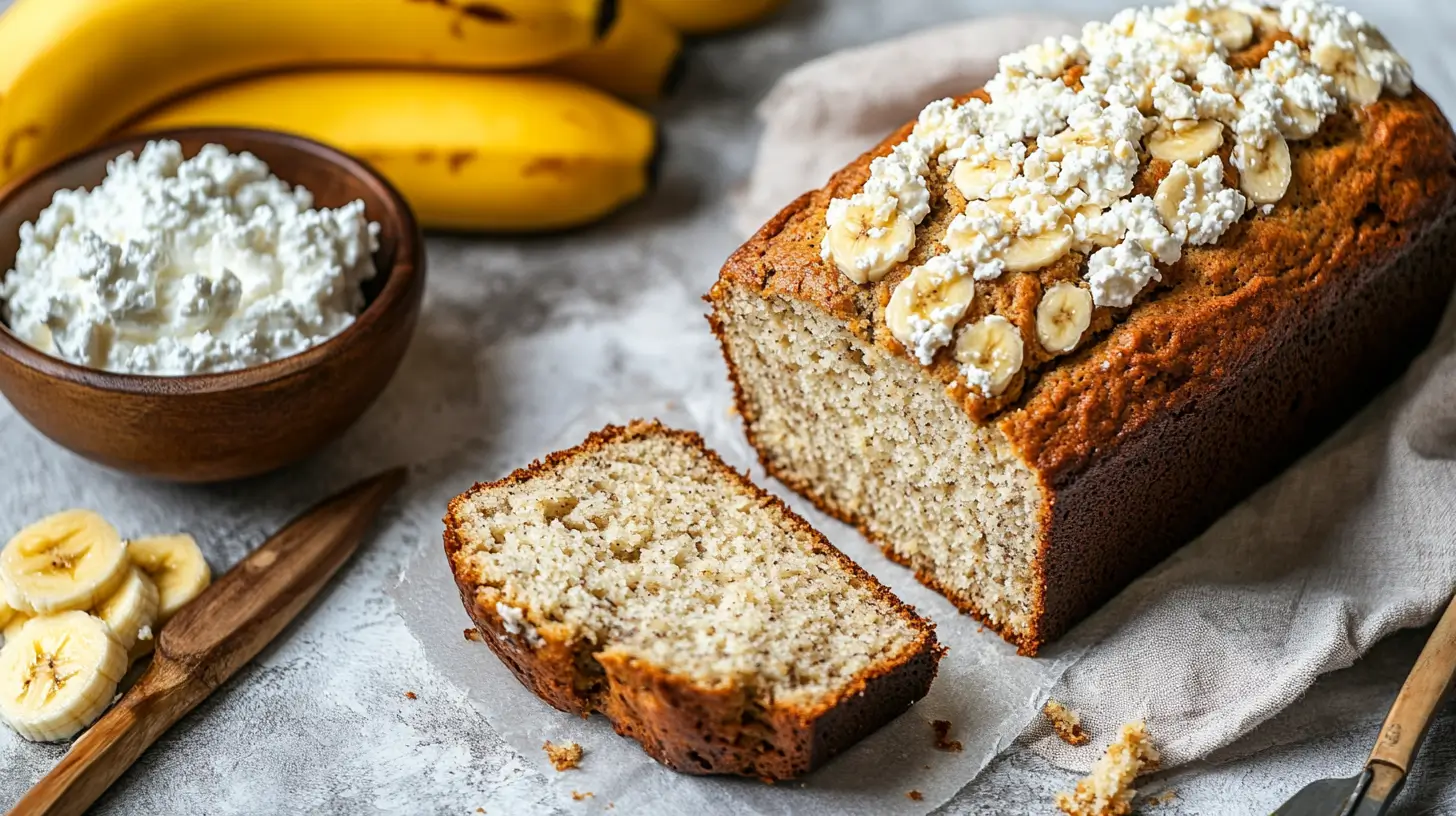 Sliced cottage cheese banana bread with bananas and cottage cheese