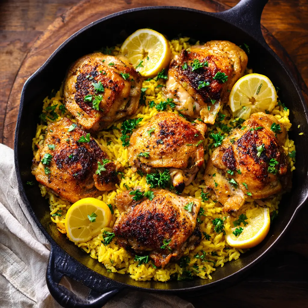 Skillet of Greek chicken and lemon rice garnished with parsley and lemon.