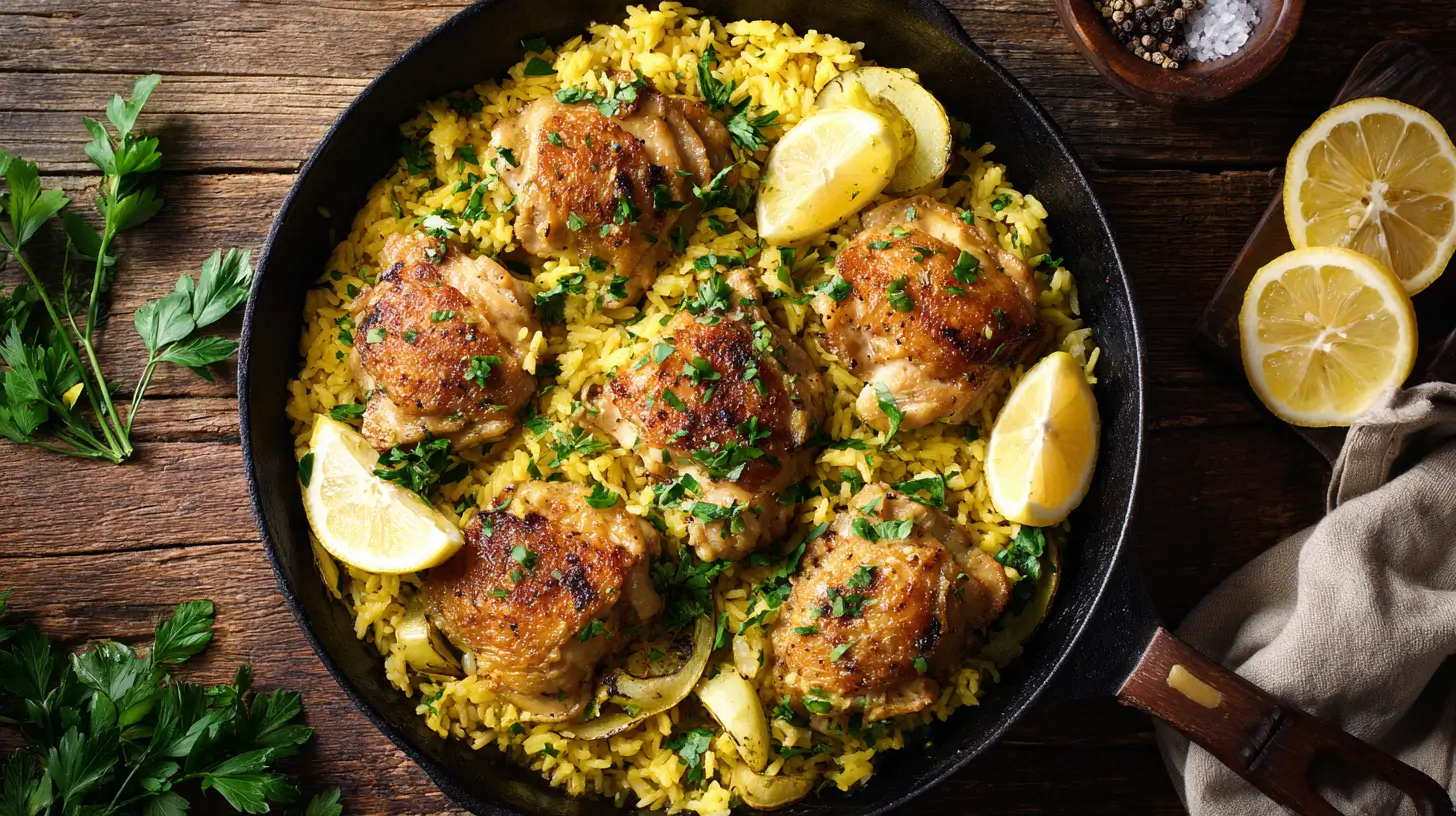 Skillet of Greek chicken and lemon rice garnished with parsley and lemon.