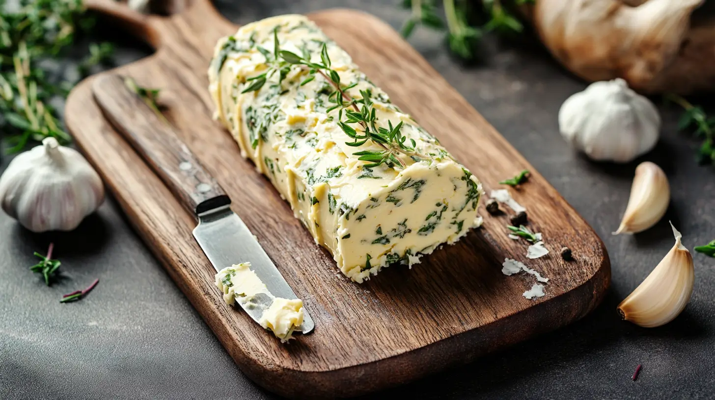 Log of garlic herb butter with fresh herbs and garlic