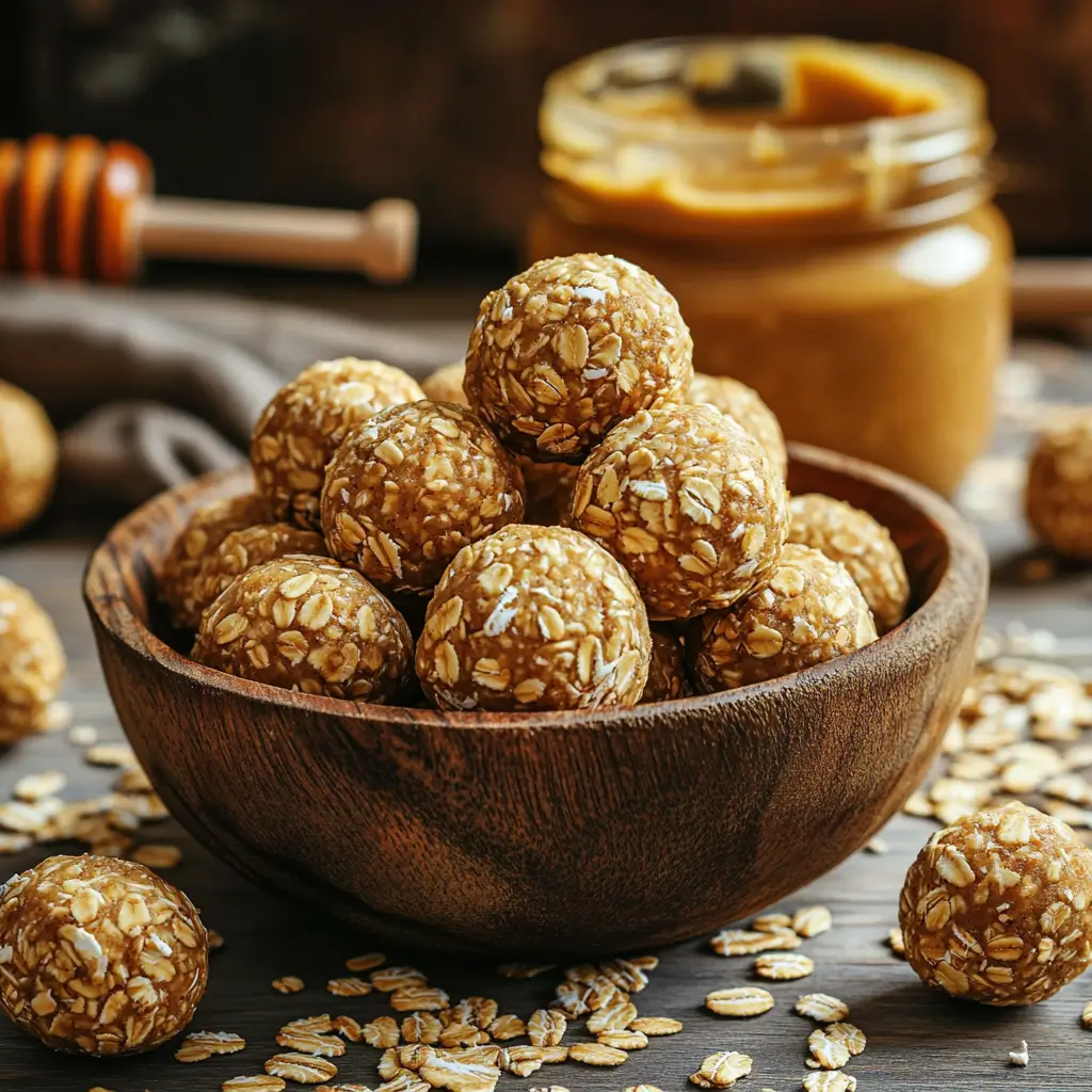 Bowl of honey peanut butter oat balls on a wooden table