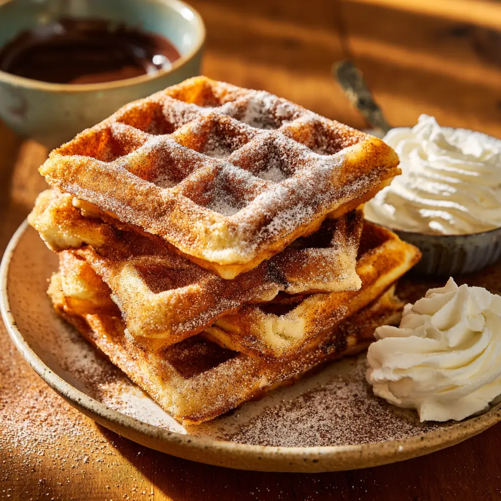 Stack of cinnamon sugar churro waffles with chocolate and whipped cream