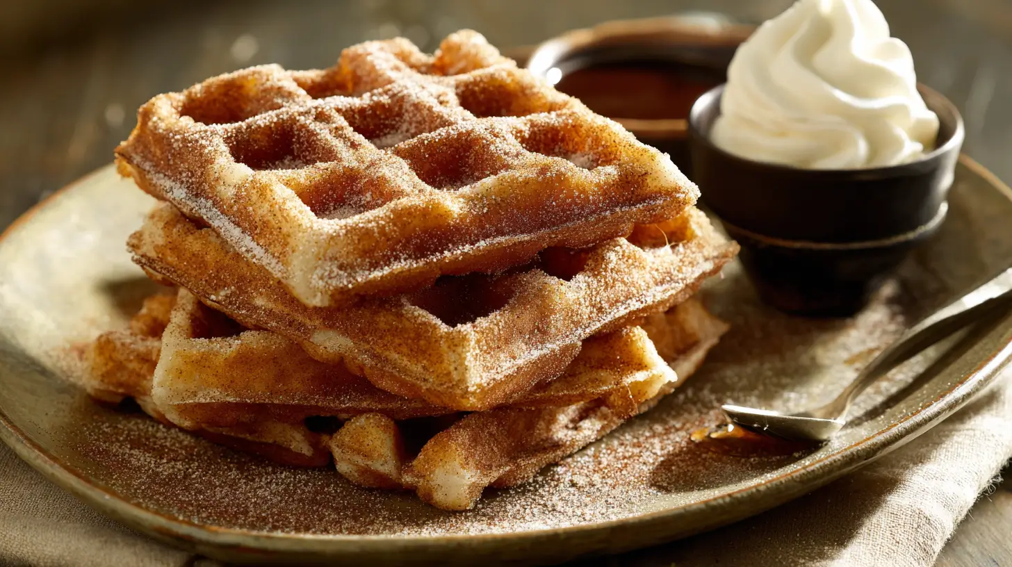 Stack of cinnamon sugar churro waffles with chocolate and whipped cream