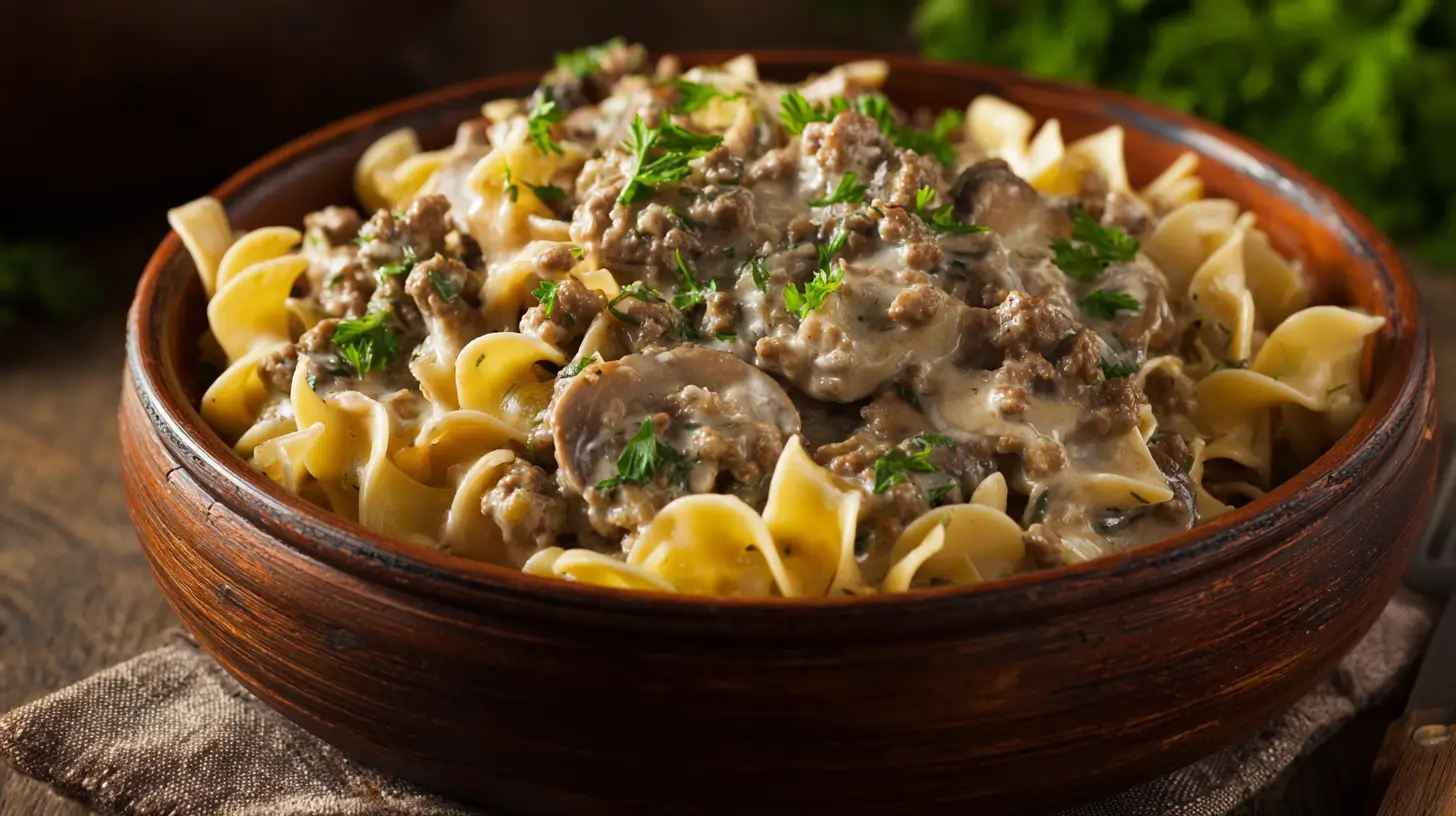 Creamy ground beef stroganoff with mushrooms and noodles