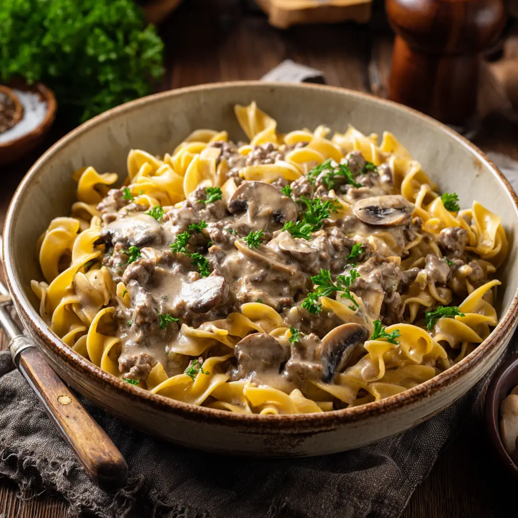 ground beef stroganoff with mushrooms and noodles