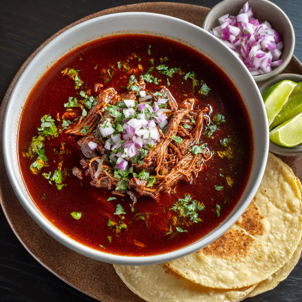 Mexican birria bowl with shredded beef and chile broth