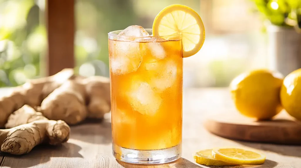 ginger and lemon kombucha with ice and garnish