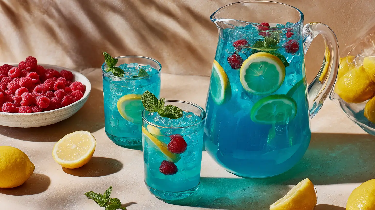 Pitcher and glasses of Blue Raspberry Lemonade with ice and fruit