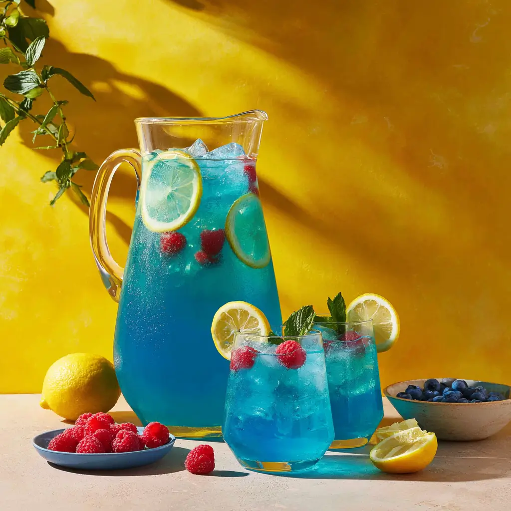 Pitcher and glasses of Blue Raspberry Lemonade with ice and fruit
