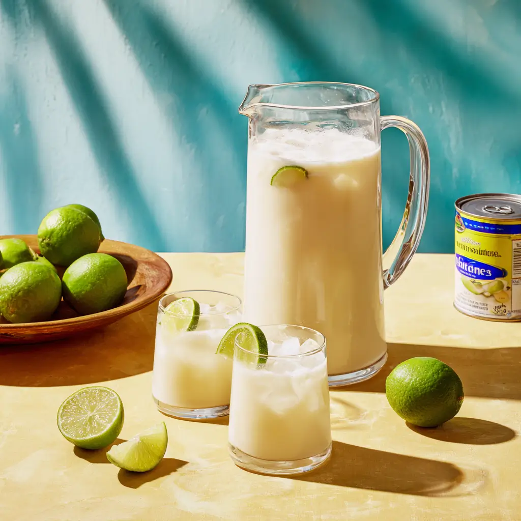 Pitcher and glasses of creamy Brazilian Lemonade with limes and ice