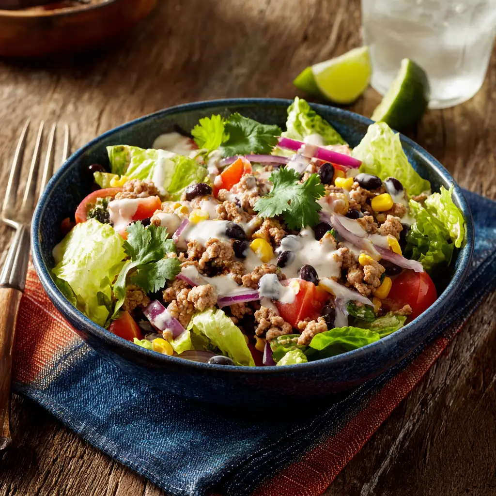 Turkey taco salad bowl with colorful toppings and lime dressing