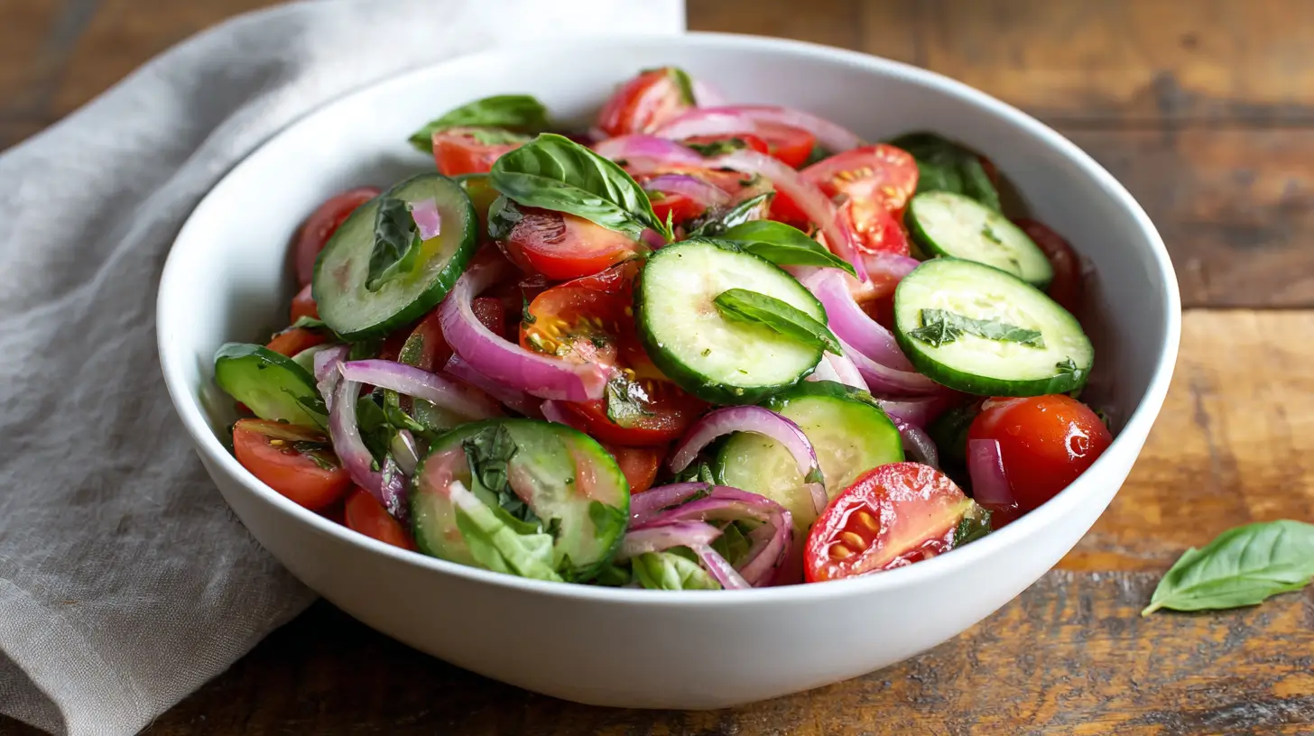 Bowl of cucumber tomato salad with basil and red onion