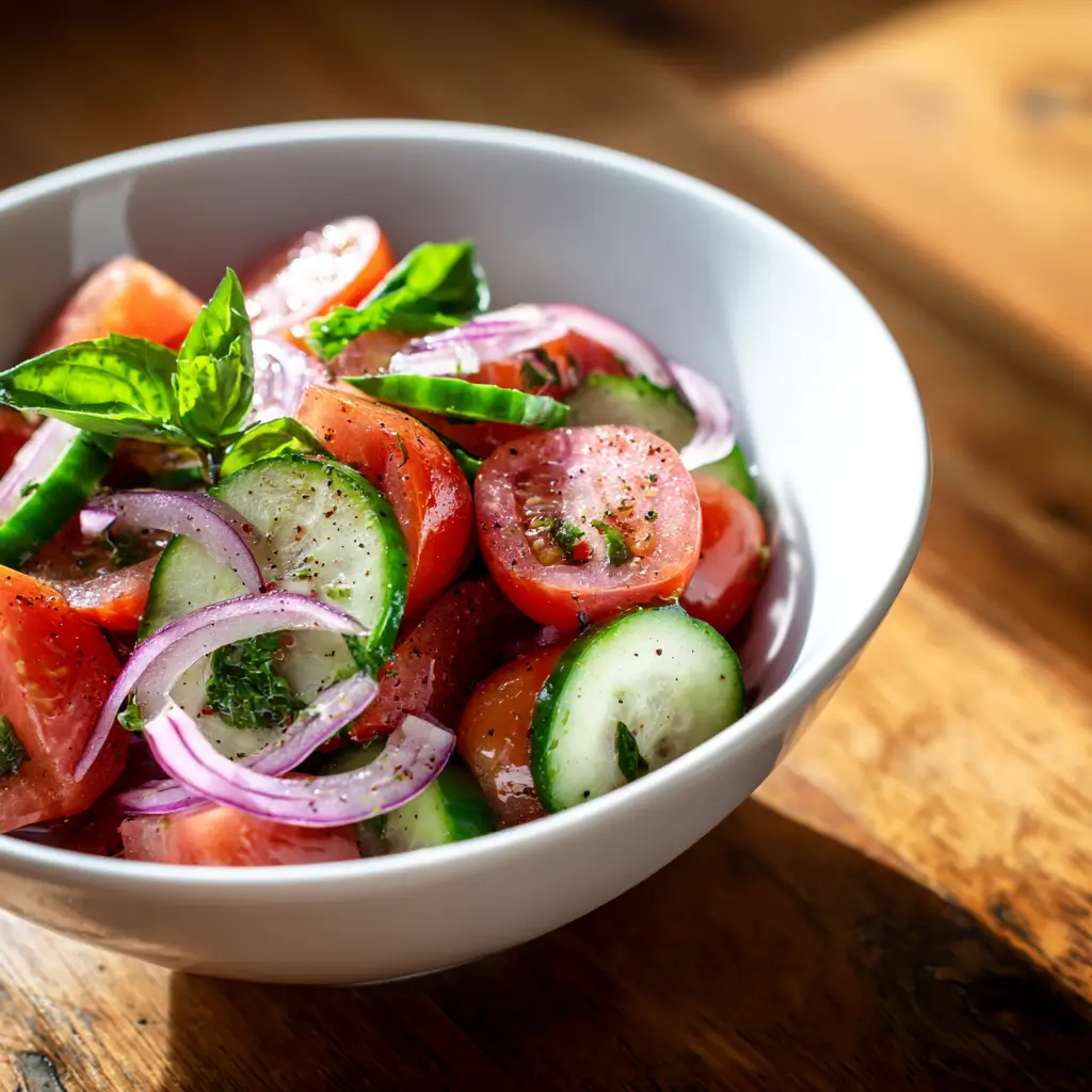Bowl of cucumber tomato salad with basil and red onion