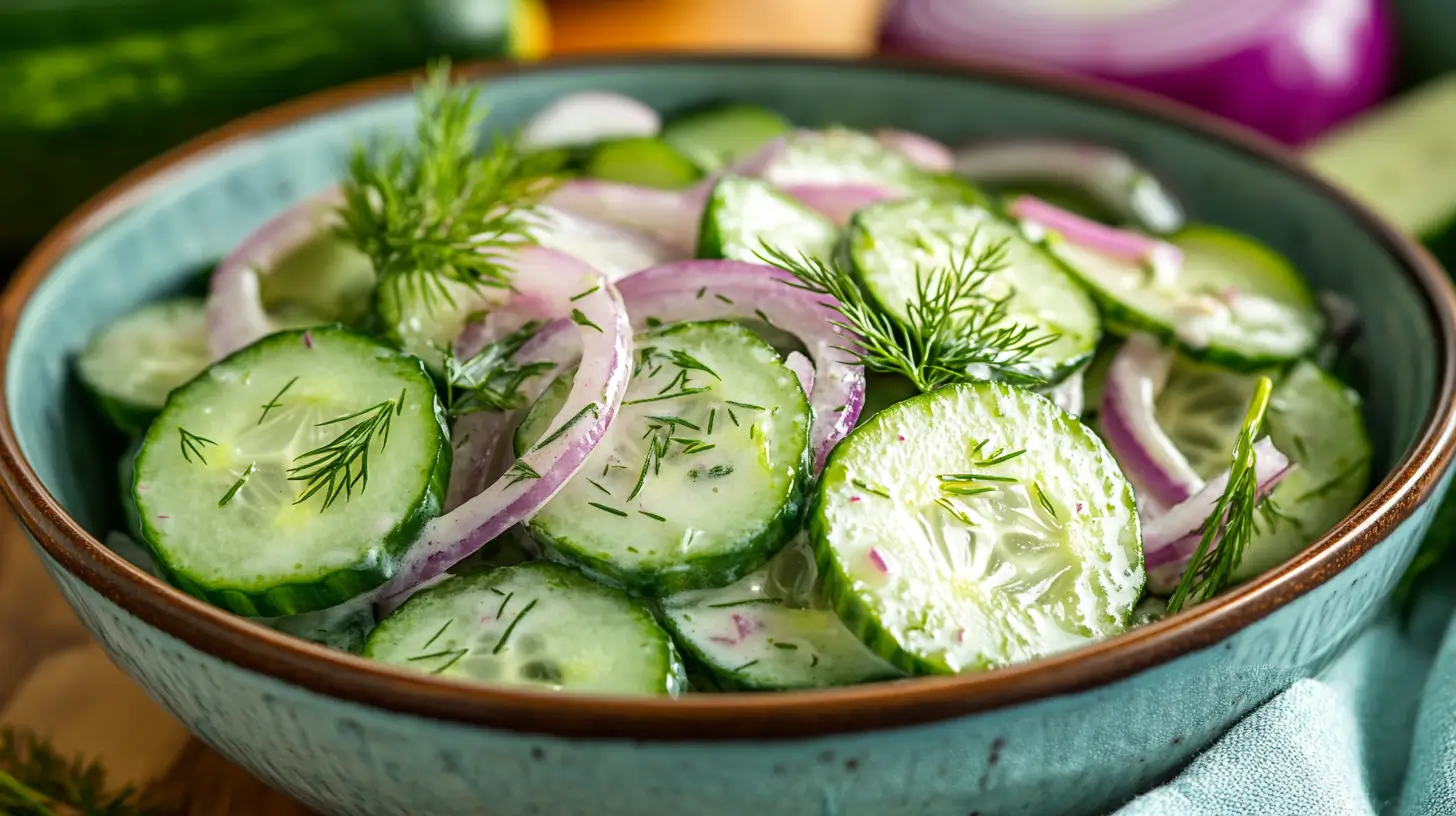 cucumber salad in a bowl with fresh herbs