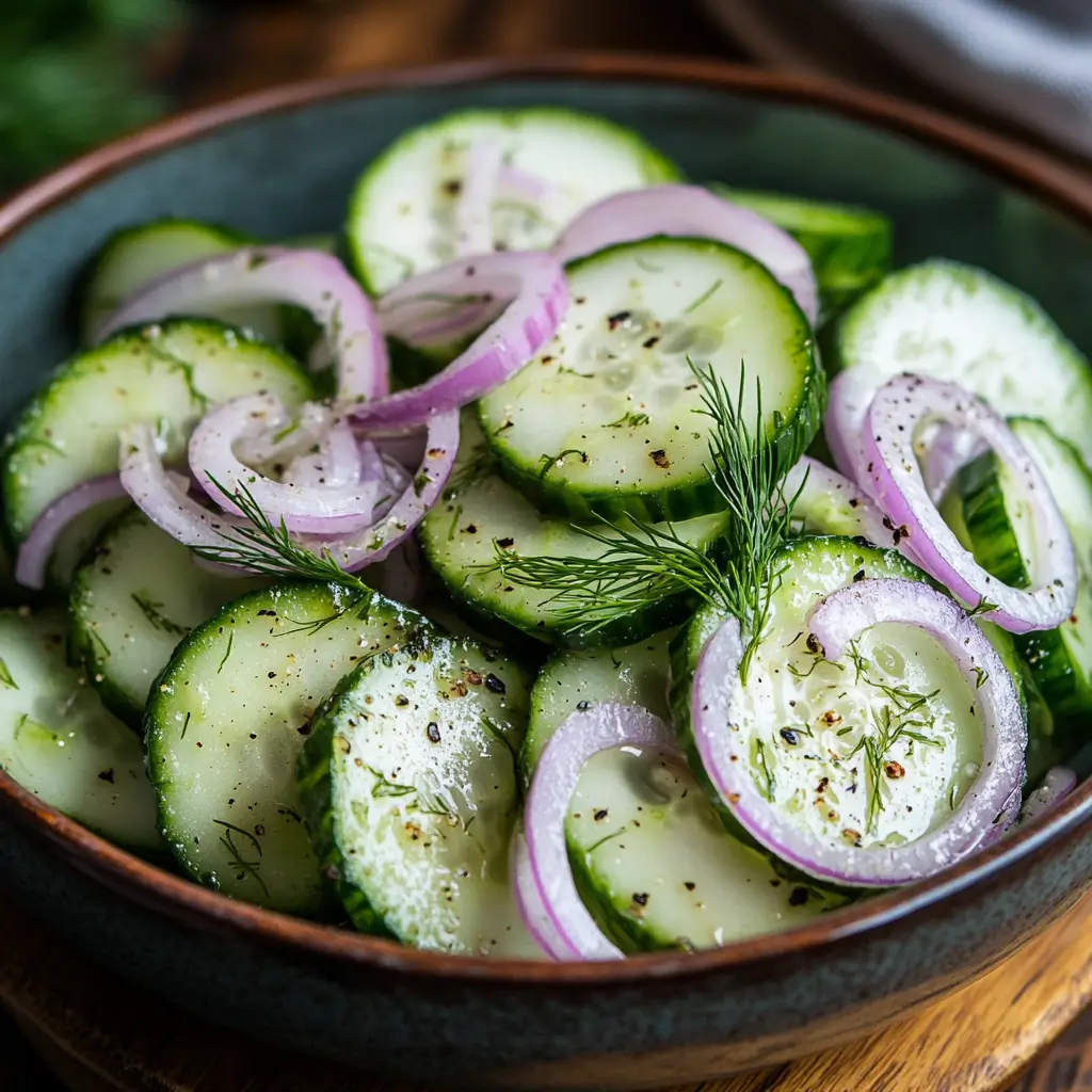 Creamy cucumber salad in a bowl with fresh herbs