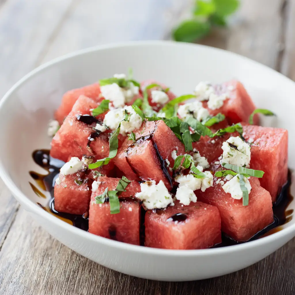 Bowl of fresh watermelon feta salad with basil and balsamic