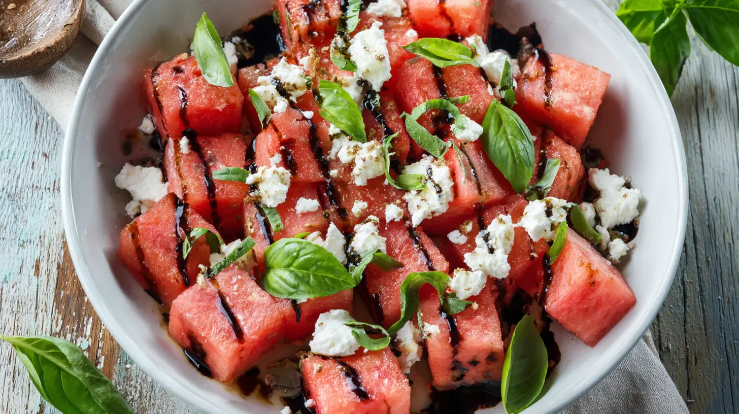 Bowl of fresh watermelon feta salad with basil and balsamic