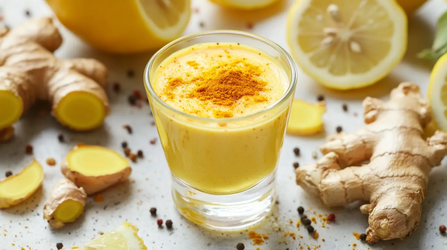 Lemon ginger turmeric powder shot in a glass