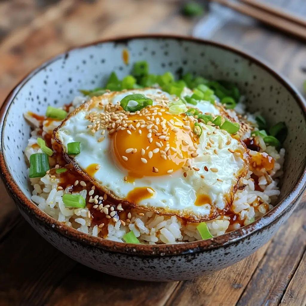 Korean Egg Rice with runny egg yolk, sesame seeds, and green onions