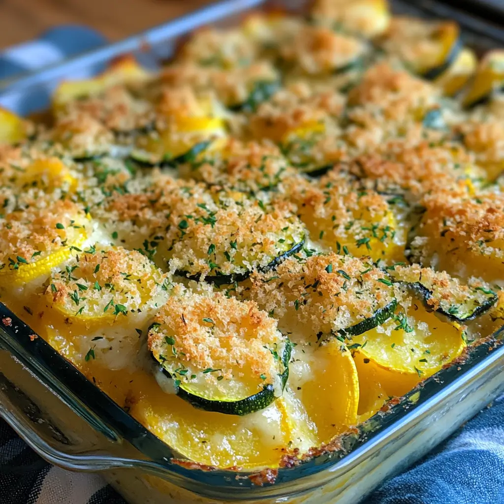Golden zucchini and squash casserole fresh from oven