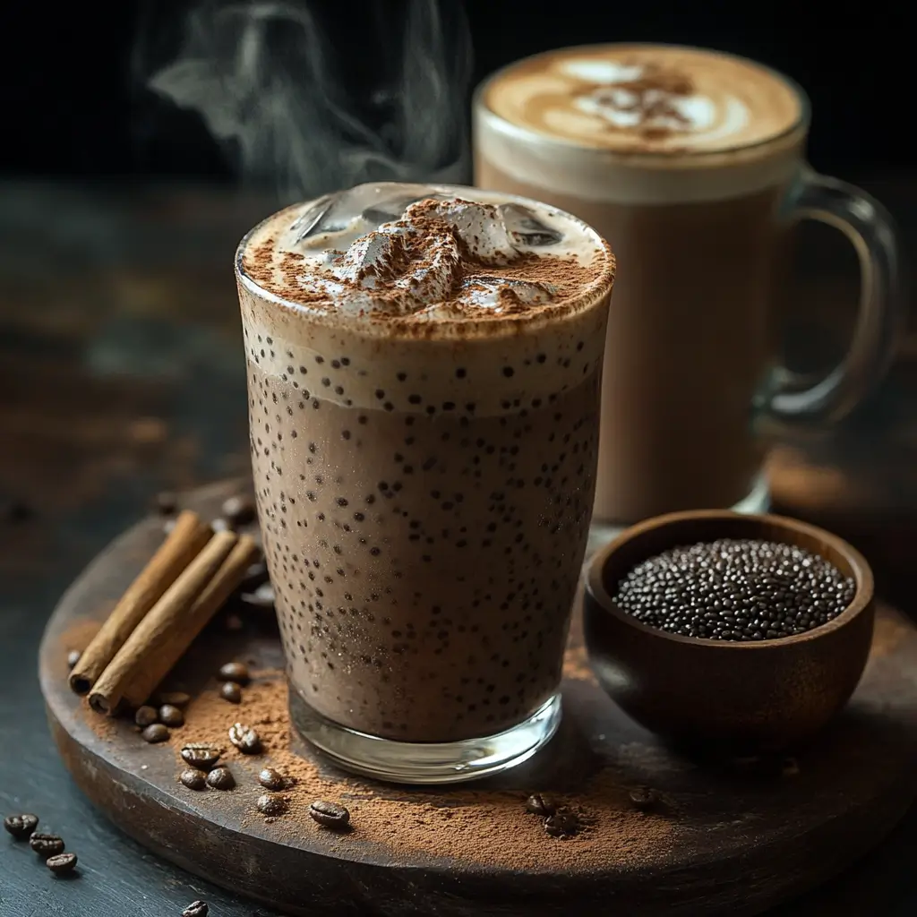chia coffee drink with ice and garnishes