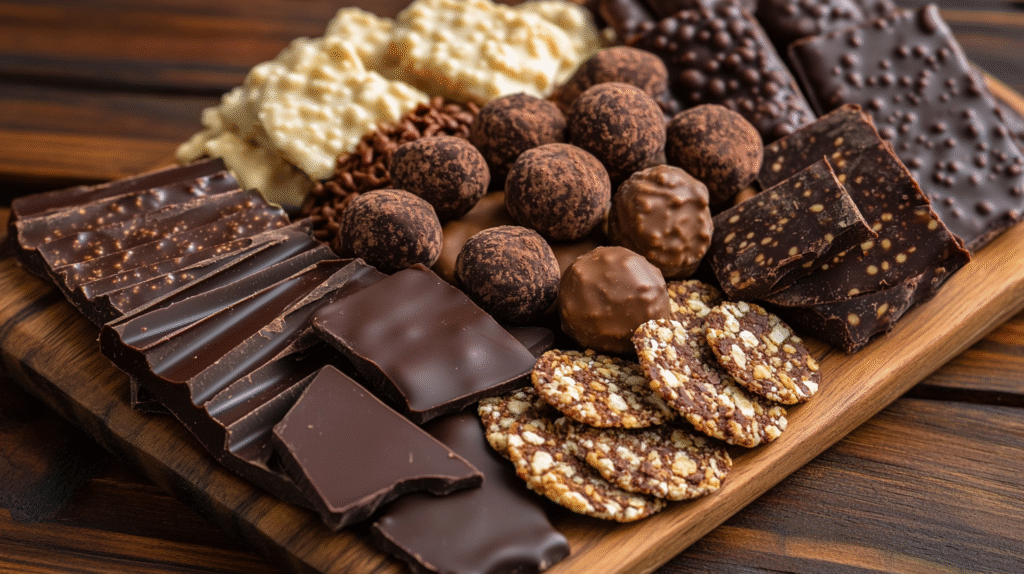Chocolate bark platter with fruit, pretzels, and marshmallows served on rustic wood.