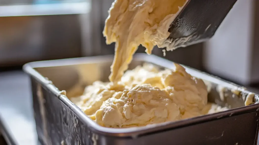 Banana bread batter with cottage cheese in loaf pan