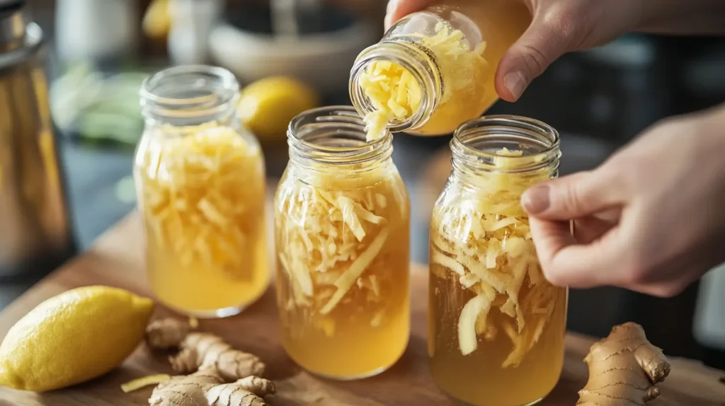Adding ginger and lemon zest to kombucha bottles