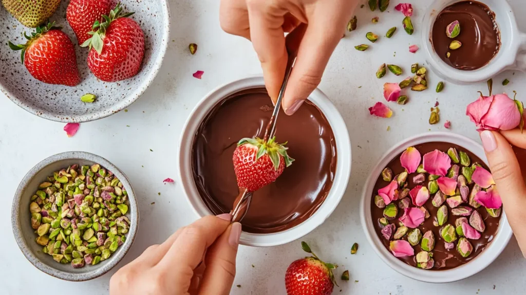 Dipping strawberries in chocolate