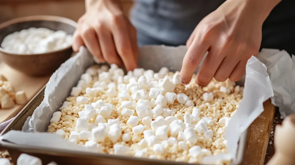 Pressing rice krispie mixture into pan