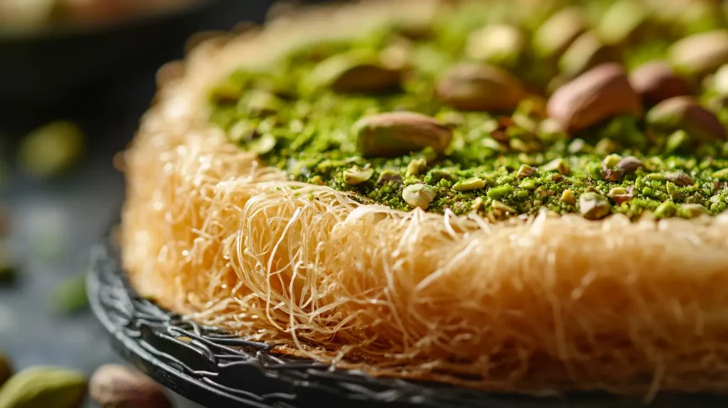 Spreading pistachio cream on kataifi pastry