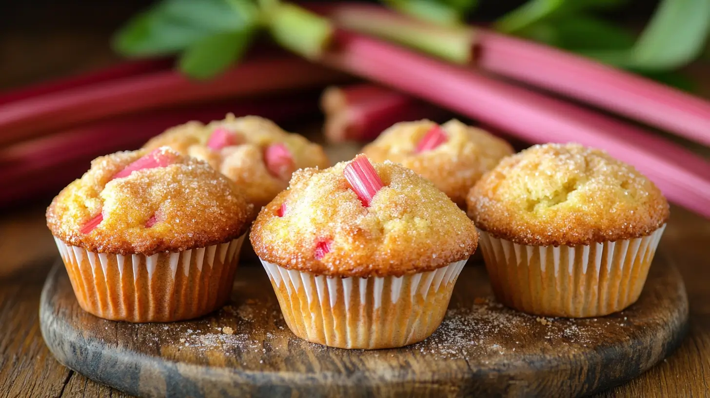 Rhubarb muffins with cinnamon sugar topping on wooden board
