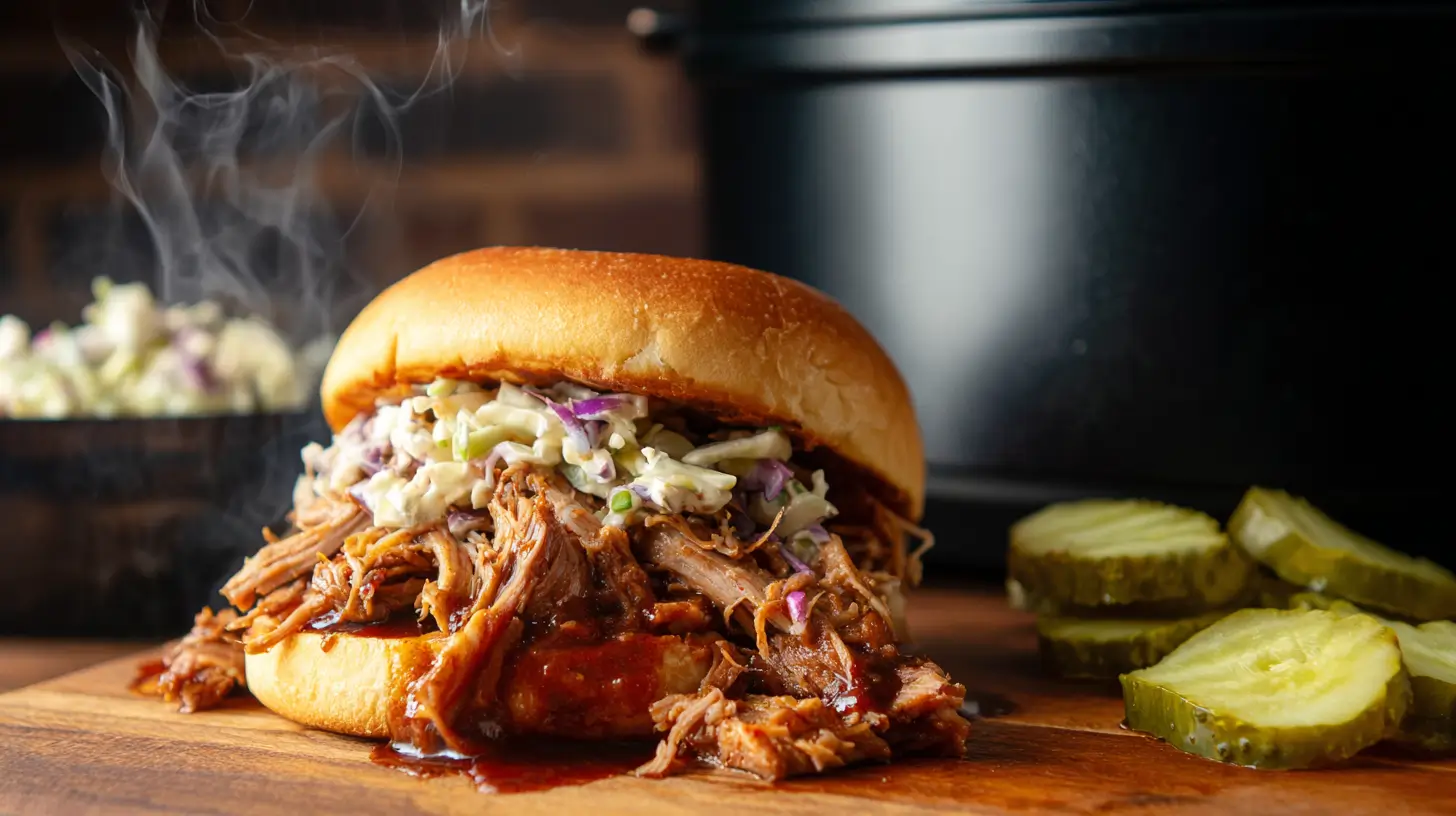 Pulled pork sandwich with coleslaw in toasted bun