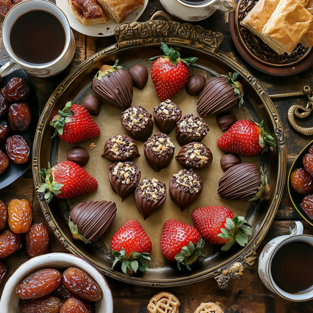 Dubai chocolate strawberries on a dessert tray