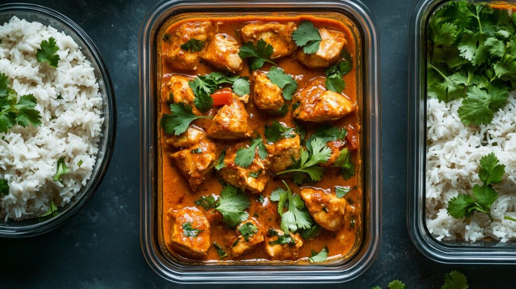 Overhead view of meal prep containers with chicken curry and white rice, garnished with fresh cilantro.