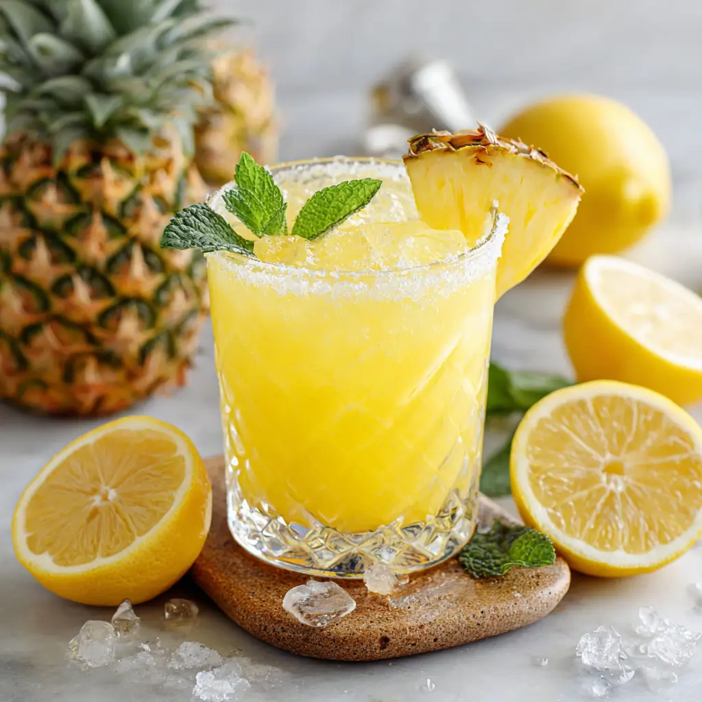 Healthy pineapple lemon drop drink in glasses with fresh fruit garnishes and ice