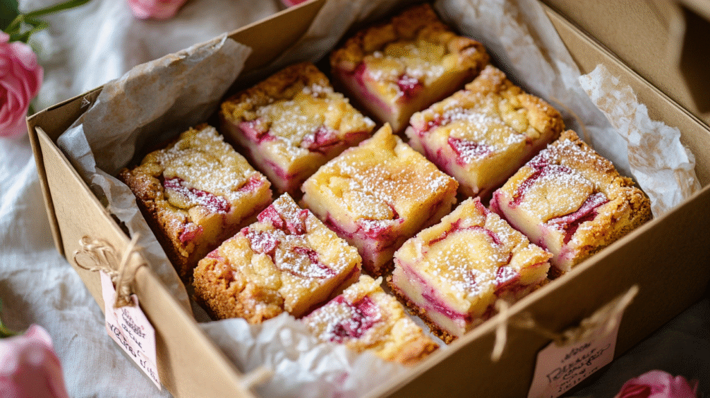 Rhubarb bars in a gift box