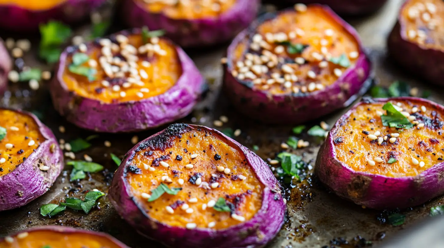 Roasted organic Japanese sweet potatoes with sesame seeds