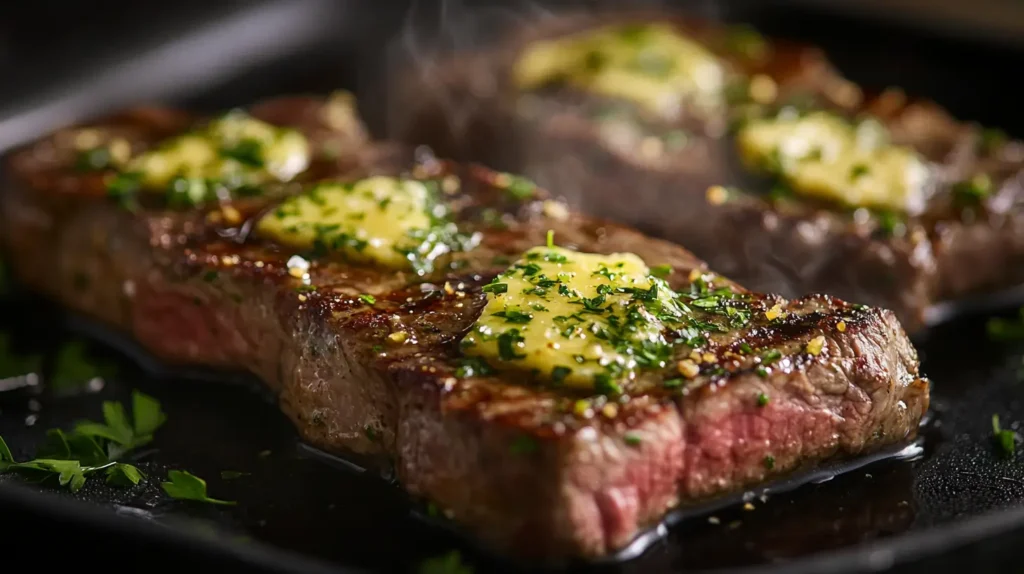 Garlic herb butter melting on steak