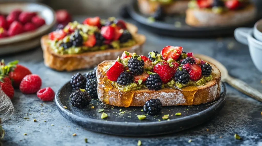 Pistachio butter on toast with berries and honey