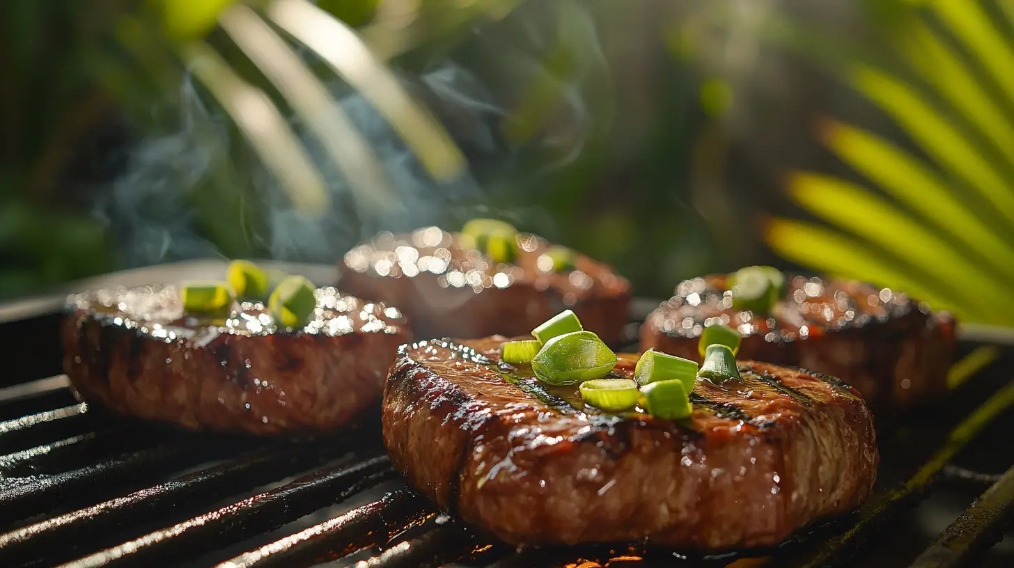 Maui steaks grilling with scallions and tropical background