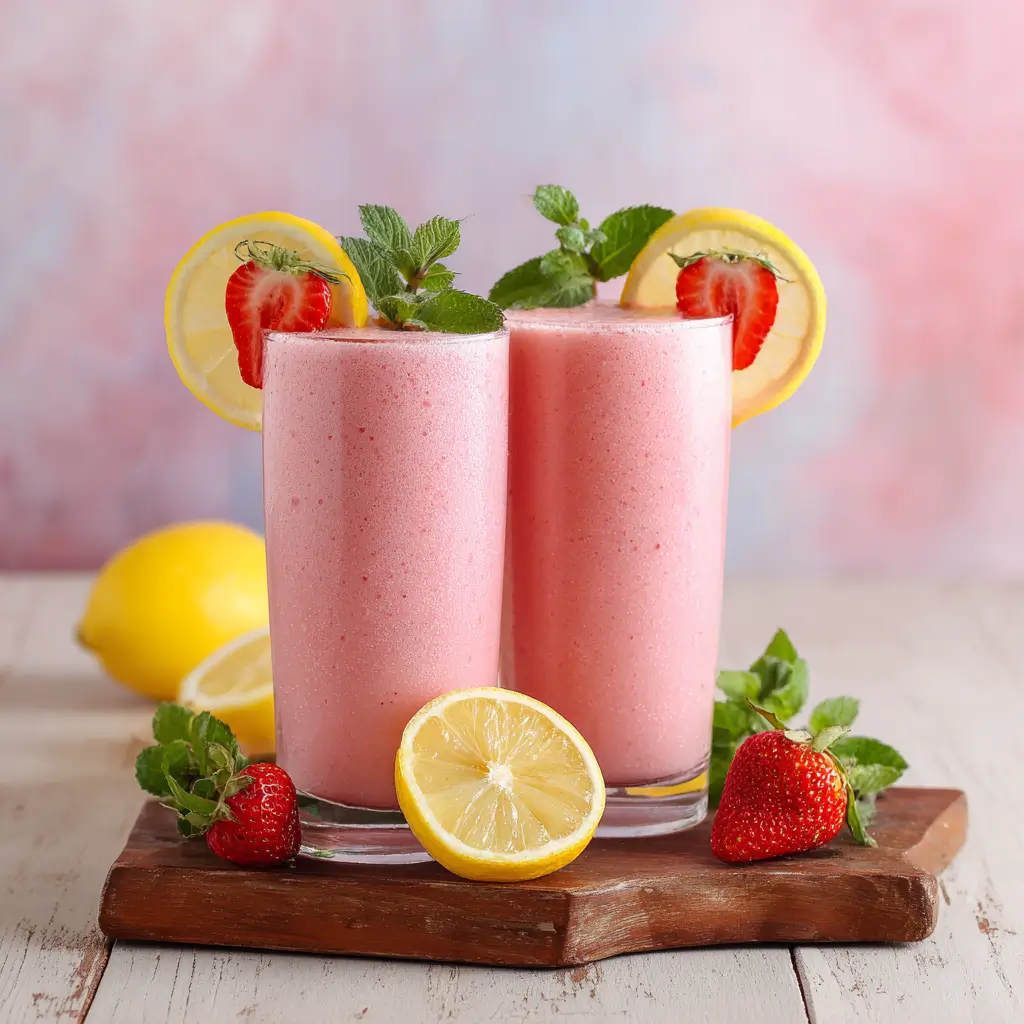 Strawberry lemonade smoothie in tall glasses with fruit garnish